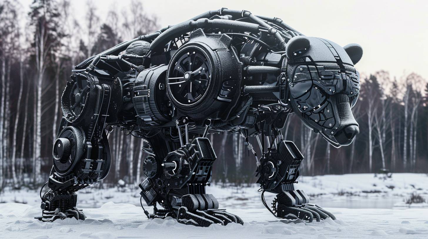 The biomechanical bear in 'Mechanical Wildlife Sanctuary', merging wildlife scenes with mechanical, robotic elements, in iron black and snowy white --ar 16:9 --style raw --v 6.0