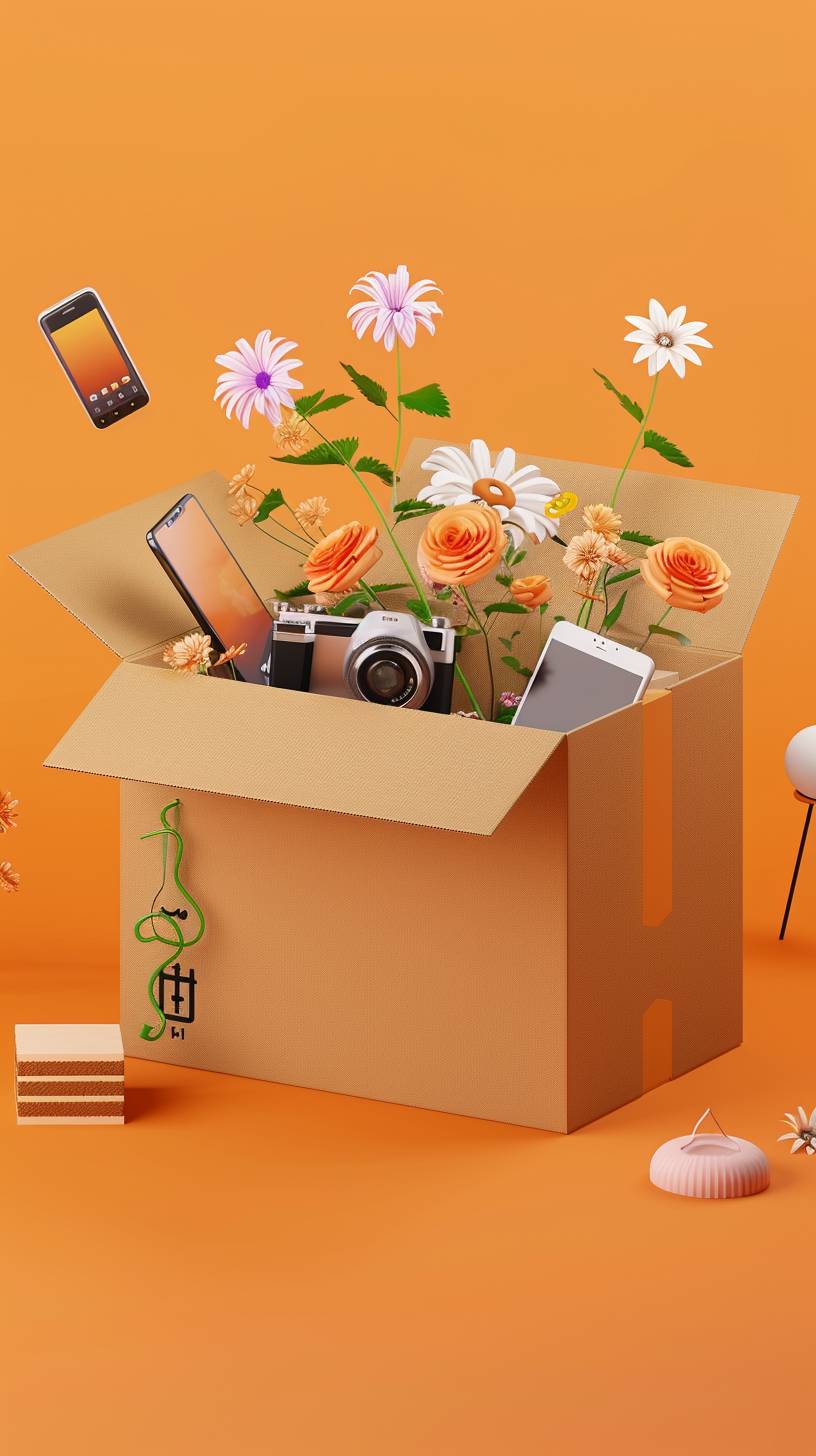 The cardboard box is open and filled with items, including flowers, computers, mobile phones, cameras, cakes, daily necessities, 3d style, oc renderer, high-definition texture, clean orange background space --ar 9:16 --v 6.0