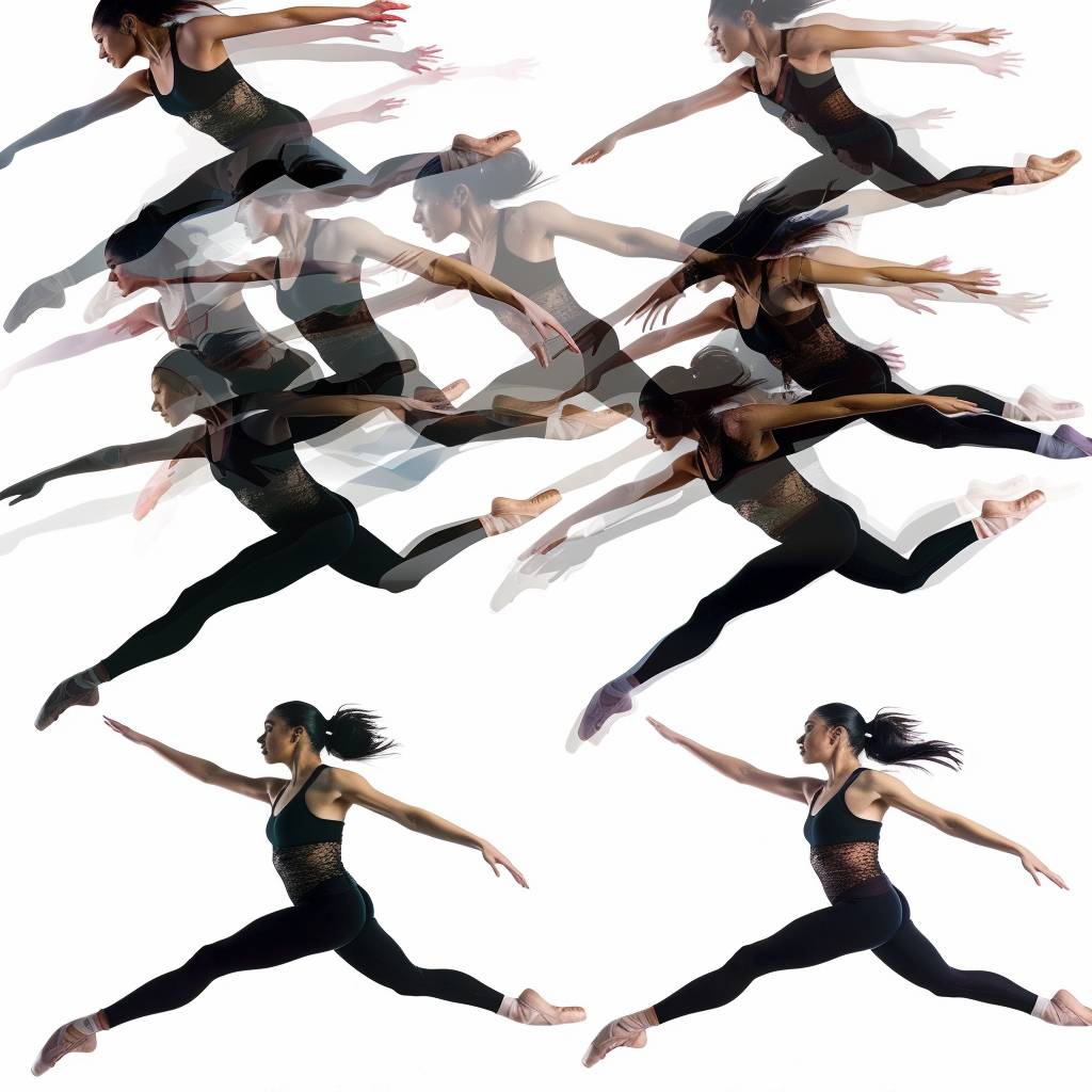 A ballet dancer leaping with multiple framed elongated blurred effects to convey speed by capturing different frames to show the progress through the air. on a clean white background.