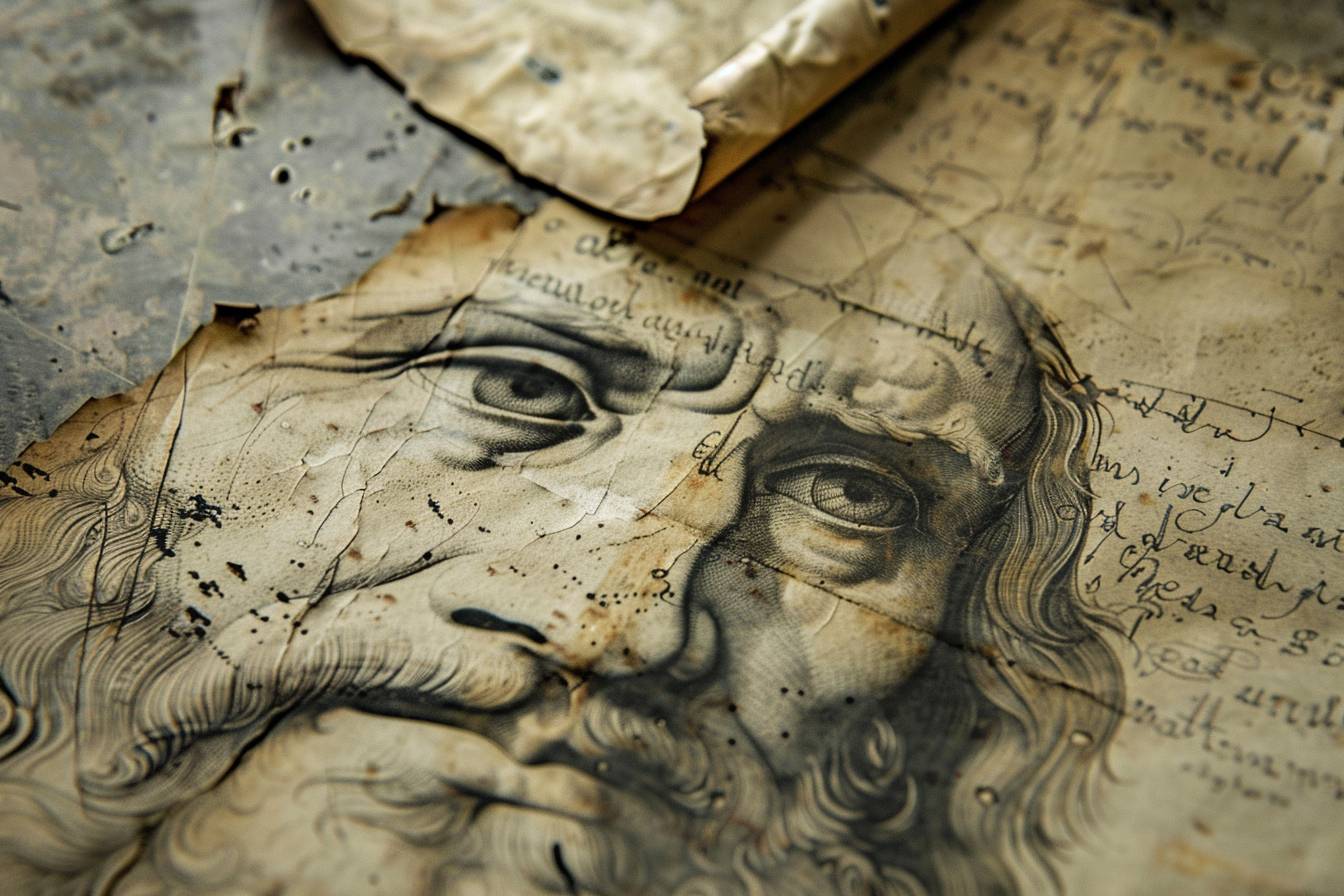 [SUBJECT]、レオナルド・ダ・ヴィンチのデッサン、古い紙の素材