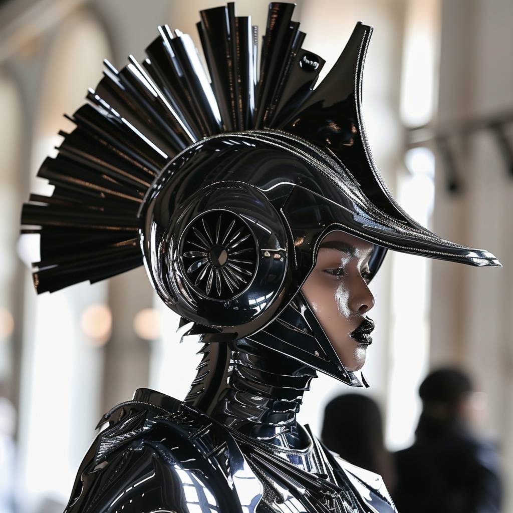 Roman-inspired armor and headpieces reimagined with futuristic materials like high-gloss latex and metallic elements. The outfits are bold and structured with intricate details.