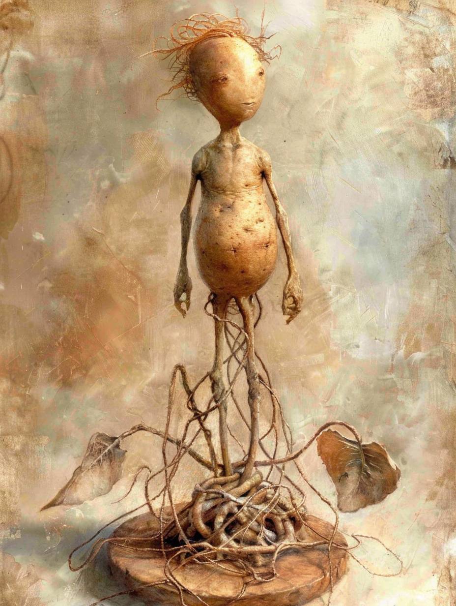 A human man with a russet potato torso mounted on nice legs, wet spaghetti arms and crested with ginger hair.