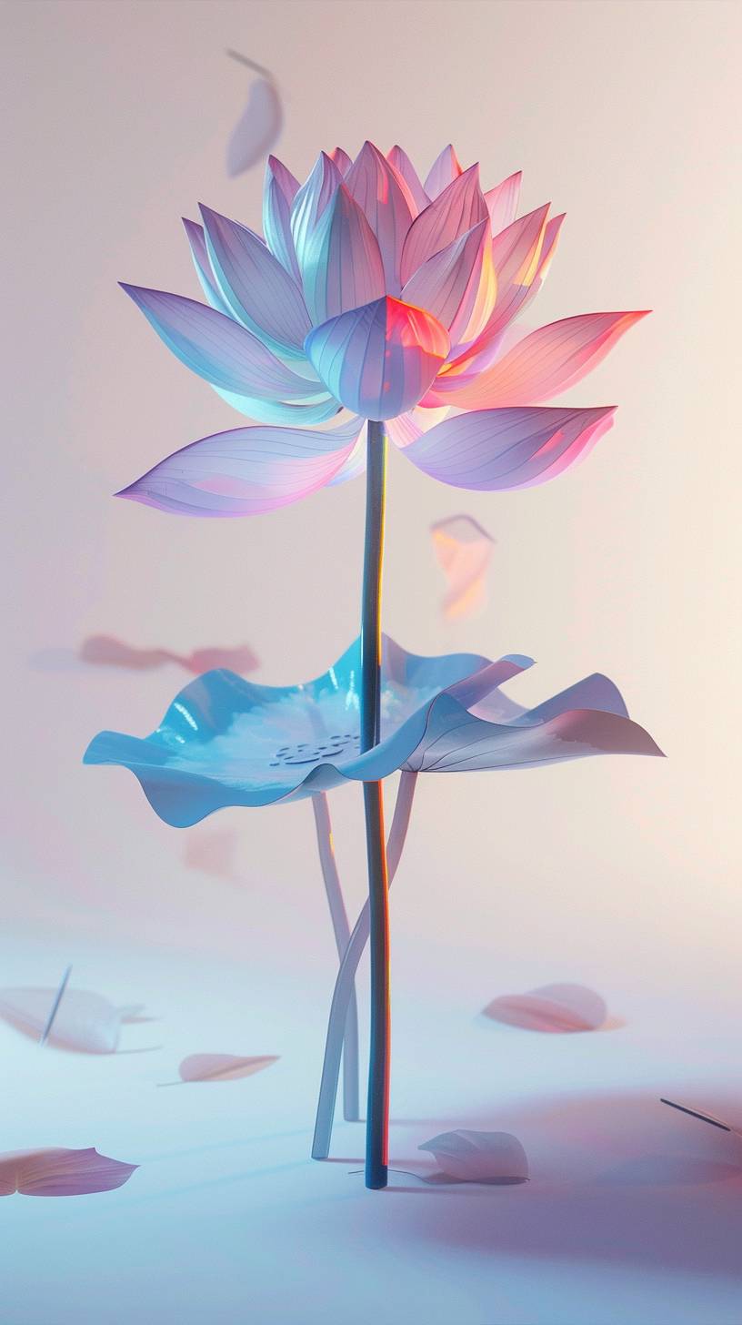 3D single botanical tall lotus flower plant art in pink to blue saturated color on a white background, in the style of minimalist sculpture, spotlight in the center, colorful woodcarvings, piles/stacks, colorful animation stills, majismo, fluid, organic forms, full f10 aperture --ar 9:16 --v 6.0