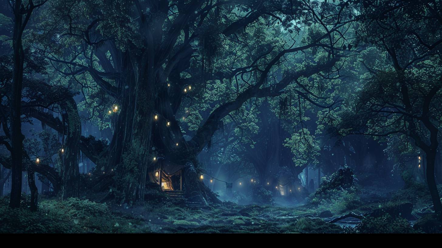 Deep primeval forest camp at night surrounded by huge trees under dense canopy, concept art, fantasy, digital painting, cinematic