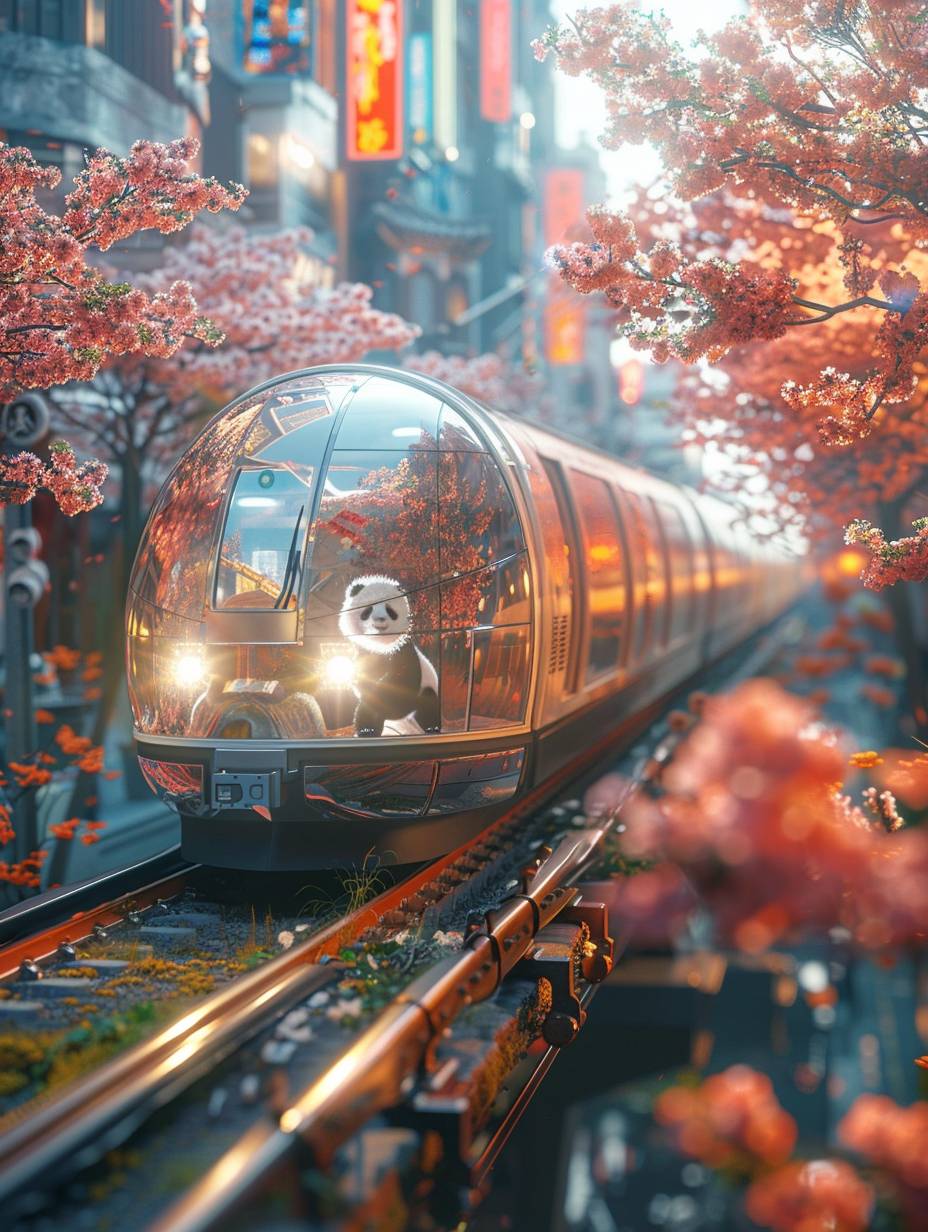 A train made of clear glass, carrying cute pandas, spring, modern city, bright soft colors, soft natural light, 3D rendering miniature, colorful, futuristic, bright sunshine, UE, Sinsing Render, Blender.