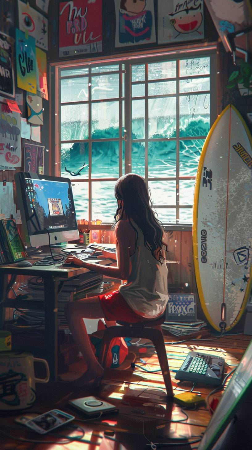 A surfer women room, the girl sits with her back to the frame and occupies one-third of the left side of the screen, working on a computer, In the other two thirds there is a surfboard next to her on the right side