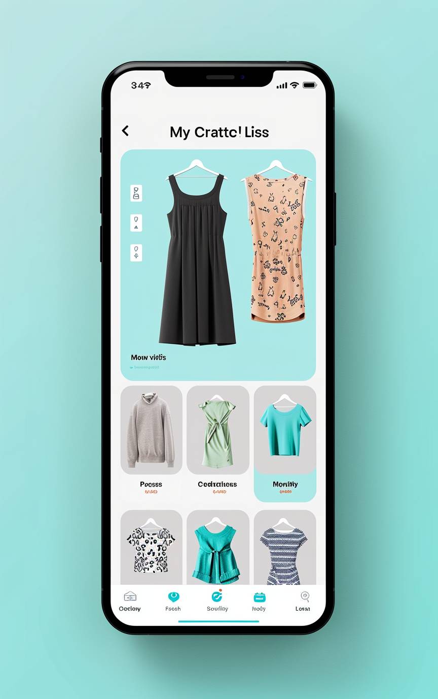 A detailed and stylish 'My Clothing List' page for the GiftAway app, designed to showcase a curated selection of apparel that the user has added. The phone is displayed upright, showcasing the interface. This page features a clean, streamlined layout with a light turquoise to white gradient background that enhances the aesthetic appeal of the app. At the top, there is a header that reads 'My Clothing List', elegantly styled with a modern font. Below the header, the page is organized into a grid layout where each cell represents an item of clothing. Each cell includes a high-quality image of the clothing item, its name, brand, and price, laid out with clear typography and subtle shadows to create depth. Users can tap on any item to get more detailed information or to edit their list. The navigation bar at the bottom includes Home, Create List, and Search buttons, ensuring easy navigation. This page is crafted using advanced digital design tools, emphasizing user interaction with responsive touch elements, dynamic loading of images, and a soothing color palette. Created using: digital design tools, user-centered UI/UX principles, responsive design techniques, interactive elements, high-definition imagery, smooth gradients, clean typography