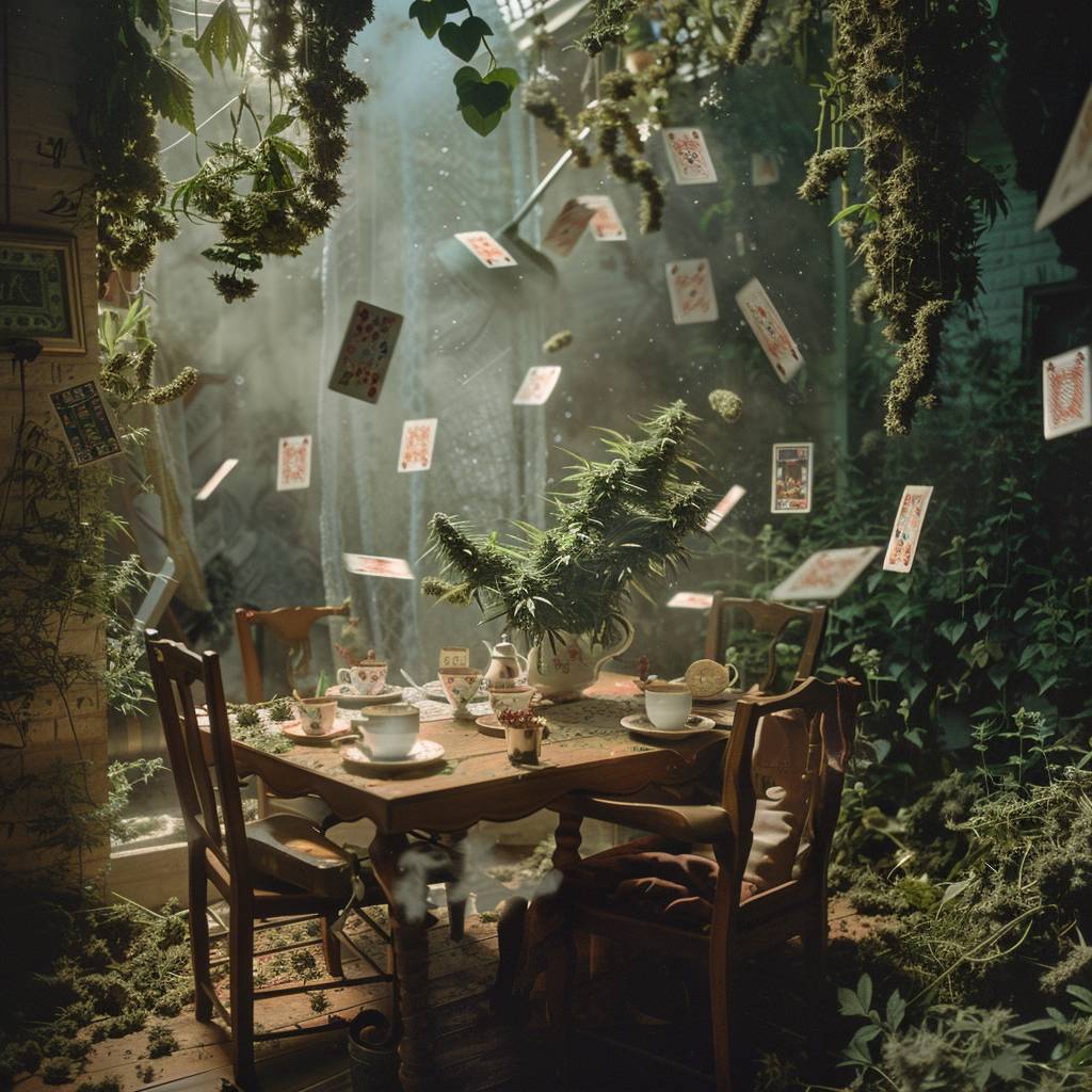 Hyper detailed movie still that fuses the iconic tea party scene from Alice in Wonderland showing the Hatter and an adult Alice. A wooden table is filled with teacups and cannabis plants. The scene is surrounded by flying weed. Some playing cards are flying around in the air. Captured with a Hasselblad medium format camera.