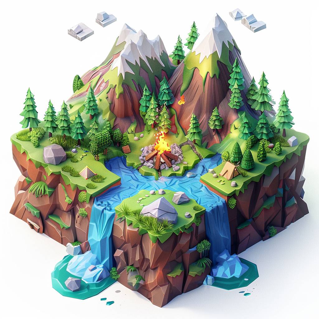 Minecraftスタイルの等角立方体、白い背景、3Dレンダリング、かわいらしい山のシーン、中央にキャンプファイア、一方から他方へ青い流れる小川、上に小さな石が乗っている、各コーナーに松の木、周囲に小さなテント、カートゥーンスタイル、2Dゲームアート、高解像度、高いディテール、鮮やかな色彩、カラフル、かわいらしい