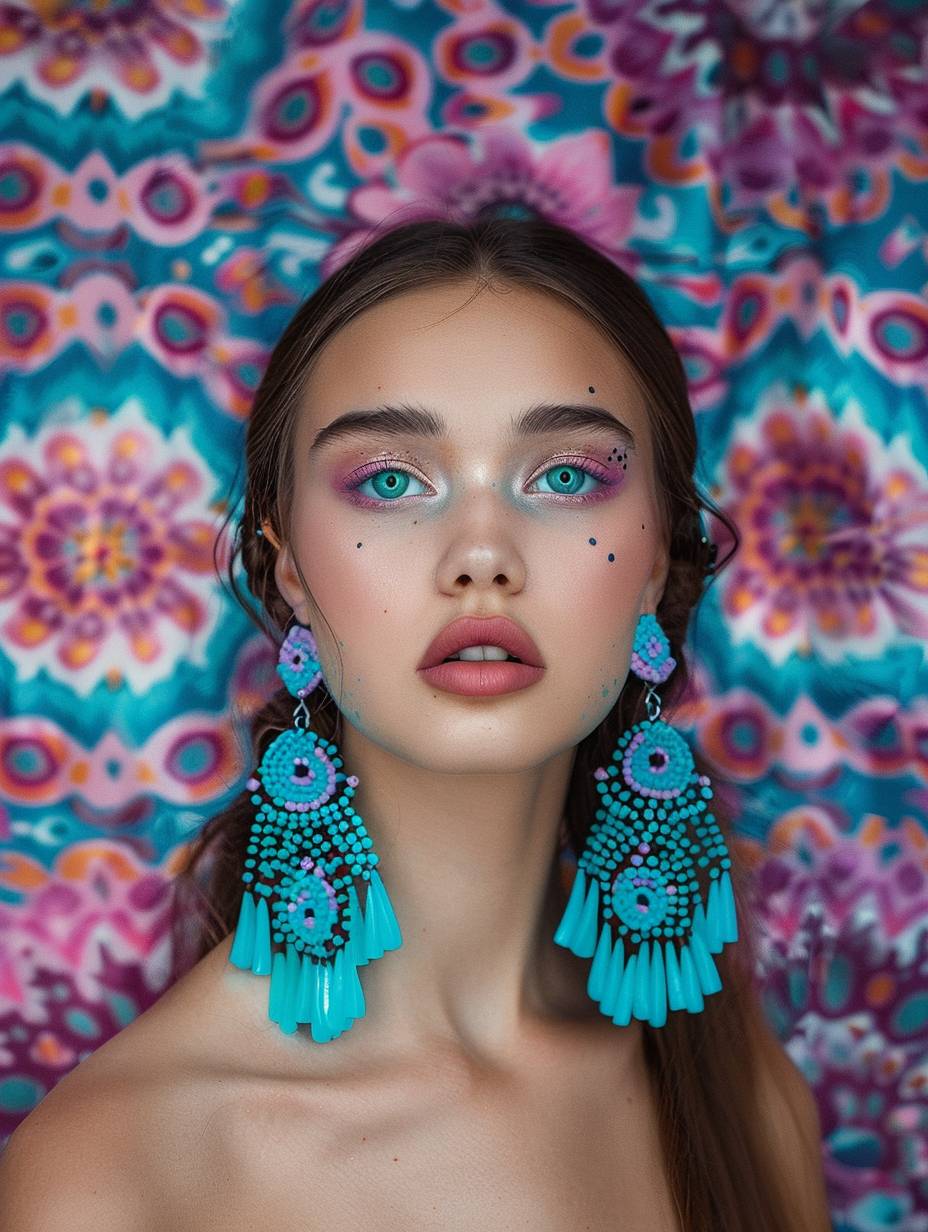 A beautiful girl with makeup and turquoise earrings made of beads stands against a background of psychedelic floral patterns. She has pink lips, turquoise eyes, white skin, and long brown hair. The photograph captures her with perfect lighting.