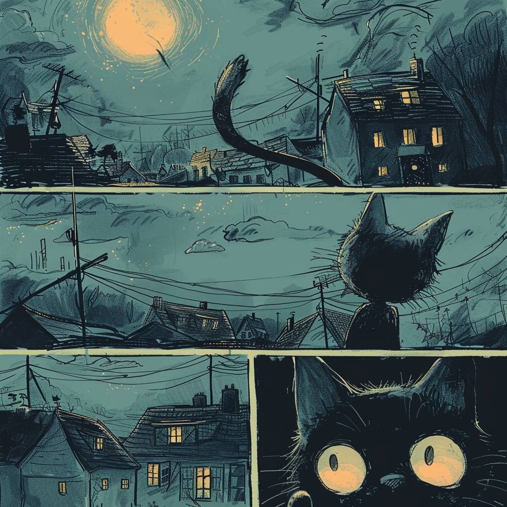 Comic strip depicting adventures of young cat. Dreamy mood.
