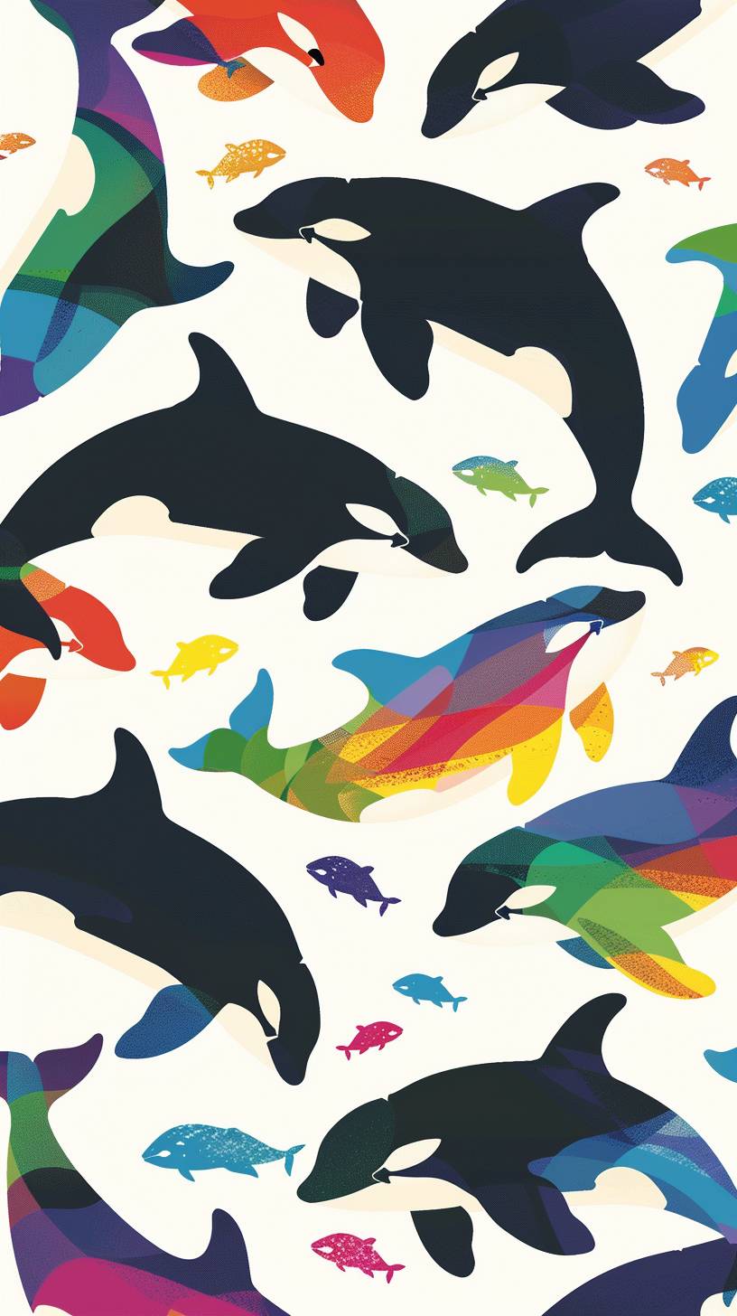 cute cartoon, rainbow orcas jumping, repeating pattern
