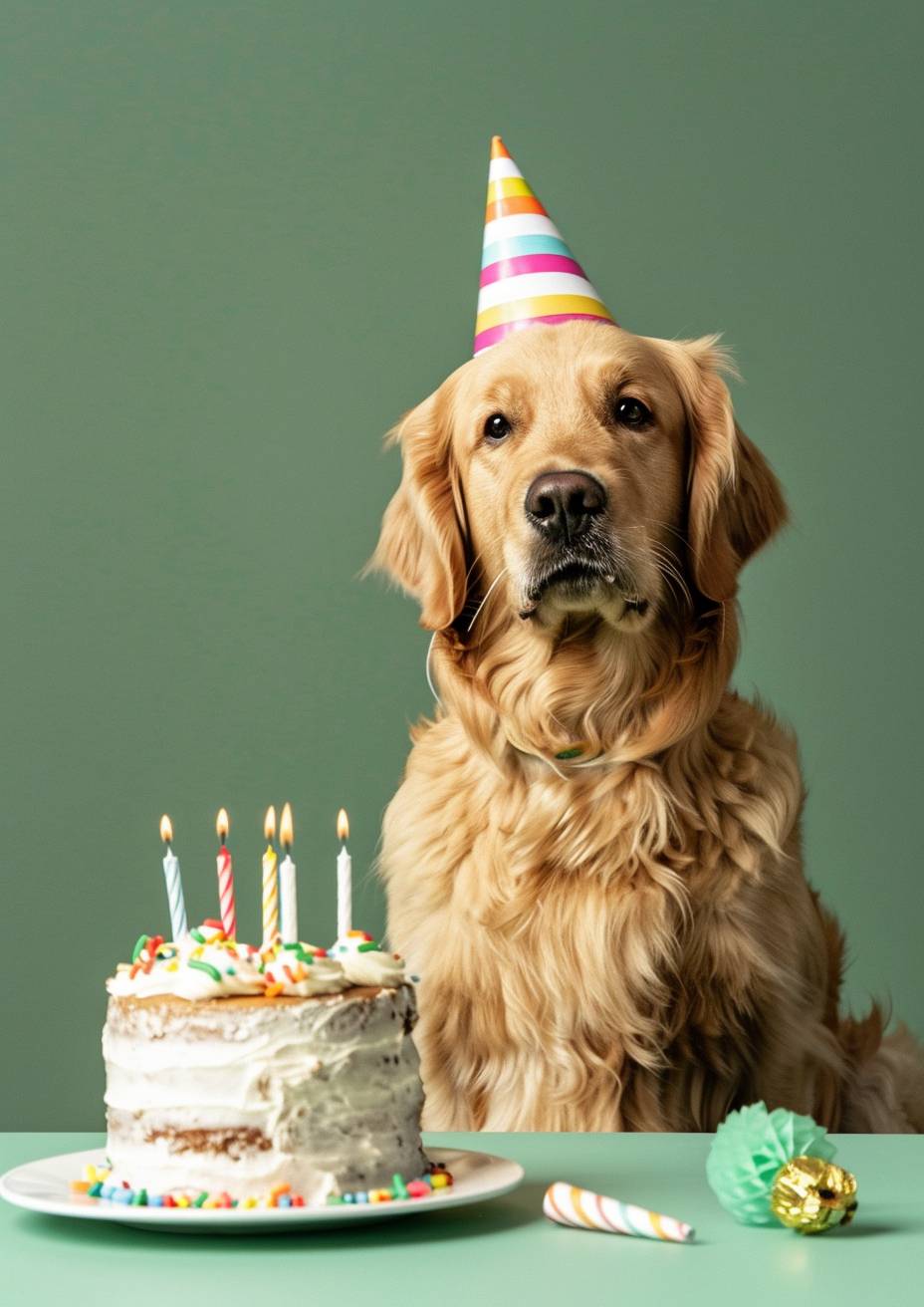 A dog with a party hat on its head sat next to a birthday cake, in a green background, simple and minimalistic design by rifle paper co.