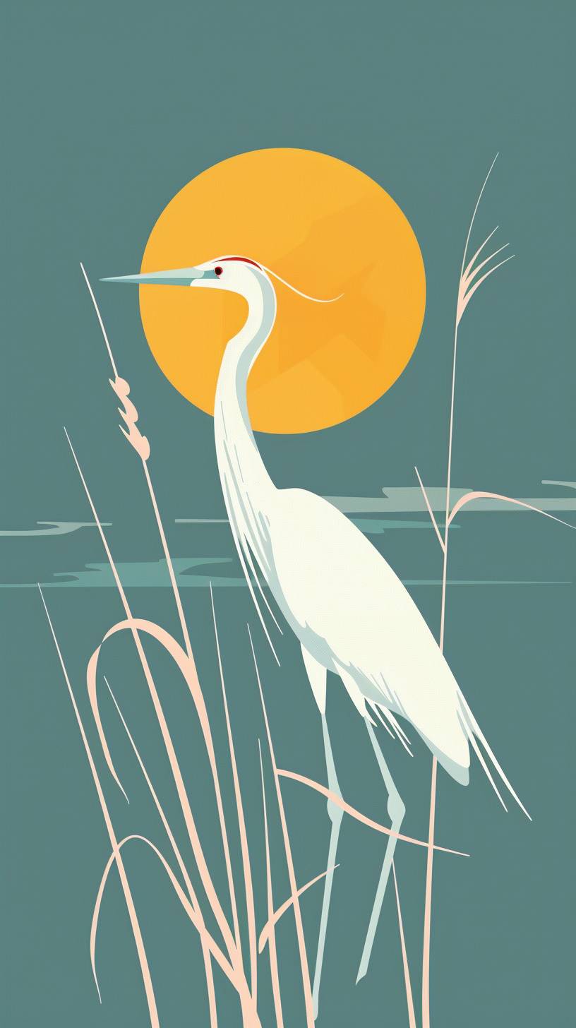 A simple flat illustration of a heron in front of the sun, in the style of vector, on a green background, clip art style, with no shadows, using colorful, simple shapes, atop tall reeds, in a minimalist style, using a blue and white color palette, in the style of vector, with simple shapes.