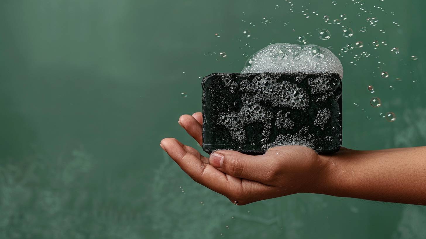 Close-up of a Malaysian hand holding black bar soap against a green background, with copy space in a banner format. This is a stock photo contest winner, commercial photography with studio lighting, high resolution, and high detail.