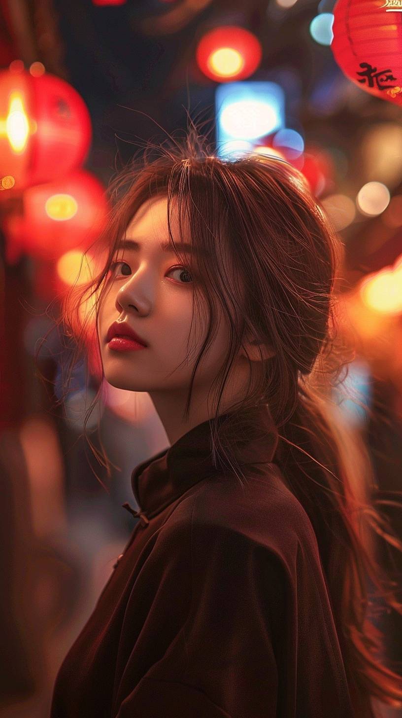 Realistic photo, a Chinese girl in a modern street