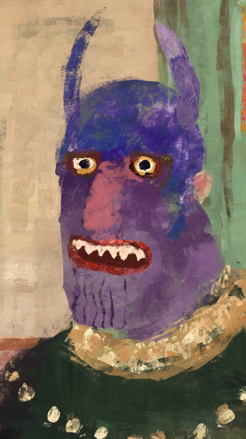 A cartoon of Thanos drawn in the style of Kenny Scharf, grotesque caricatures --ar 9:16 --style raw --sref 3154827656 --niji 6