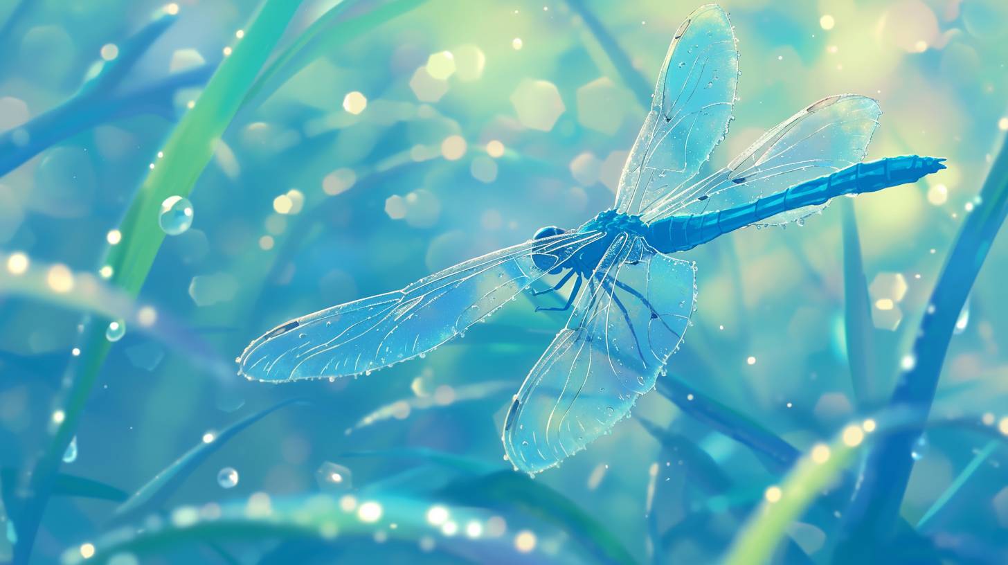 Dewy dragonfly wings during a gentle rain, the wings catching light and creating a prism effect, with a soft-focus aquatic background, in the style of Makoto Shinkai --rainbow 6--aspect ratio 16:9
