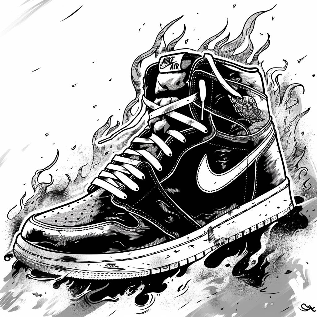 Graphic novel style art of black and white retro Jordan shoe in the middle of the page with the shoe strings on fire, on a white background