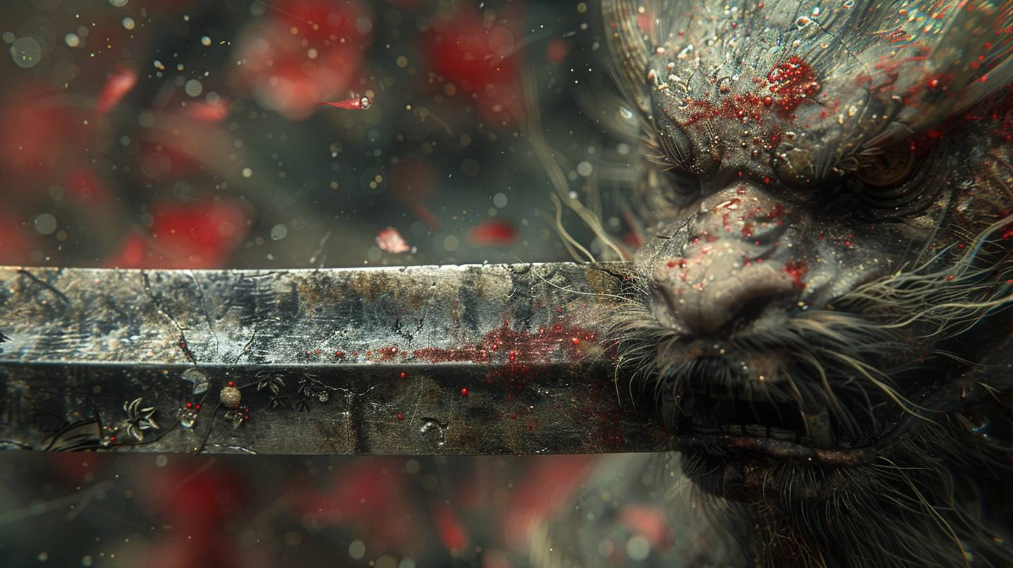 Beautiful anthropomorphic animal wuxia, a magic katana DnD style panoramic shot inspired by Lovecraft, by HR Giger, hyperrealistic, 8k, insanely detailed, fashion photo, octane render, unreal render, dynamic lighting, particles, ambience.