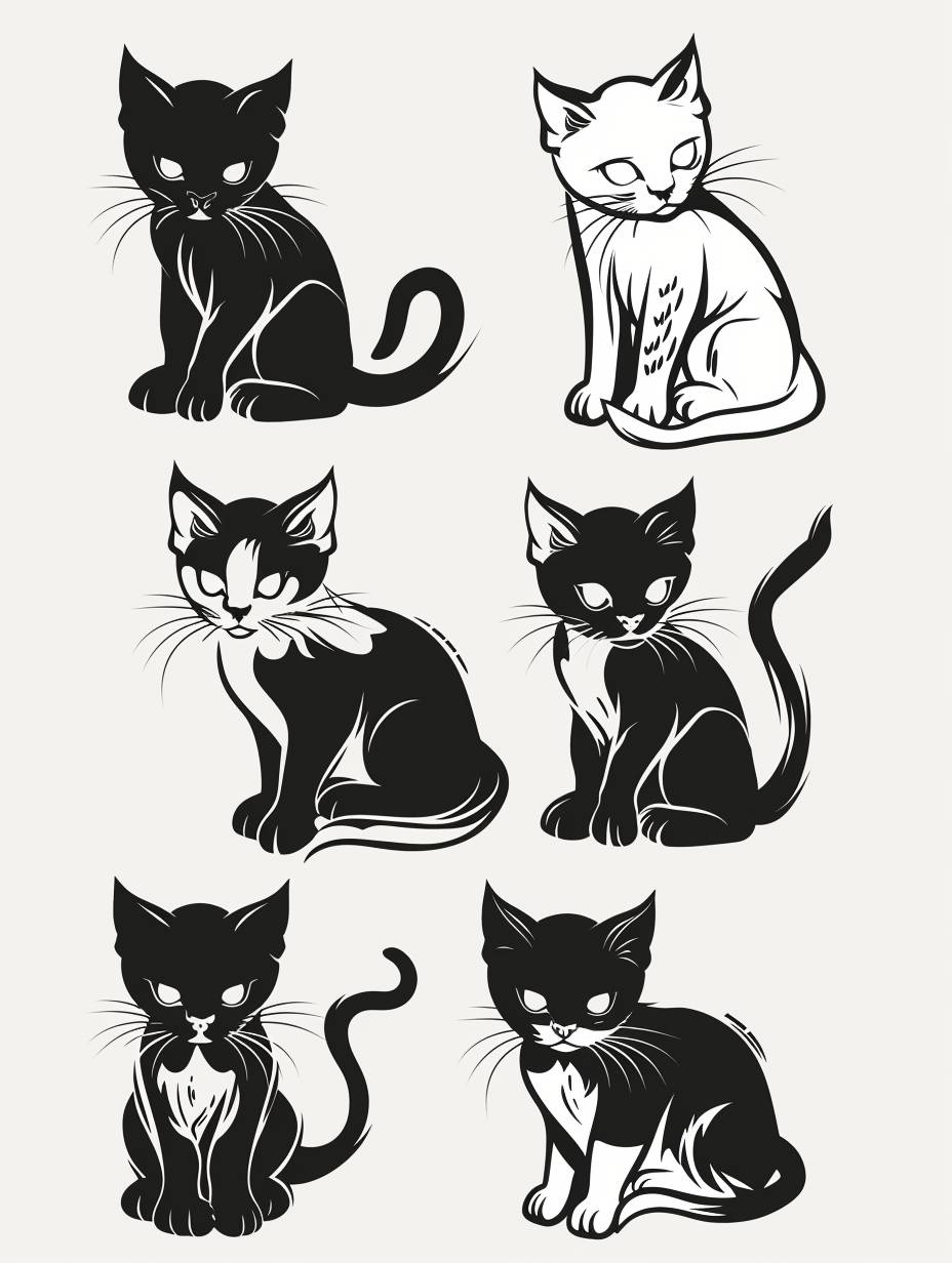 簡単な黒白子猫の一連のラインアート、8k