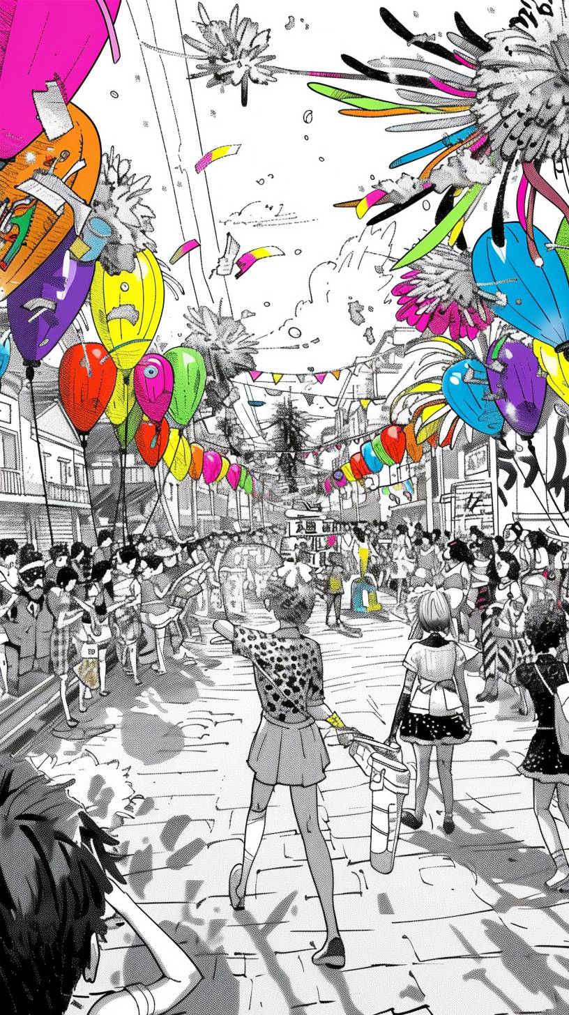 A colorful street parade, with people in elaborate costumes and floats adorned with glitter and feathers. Dancing and music fill the air. In the style of a vibrant illustration.