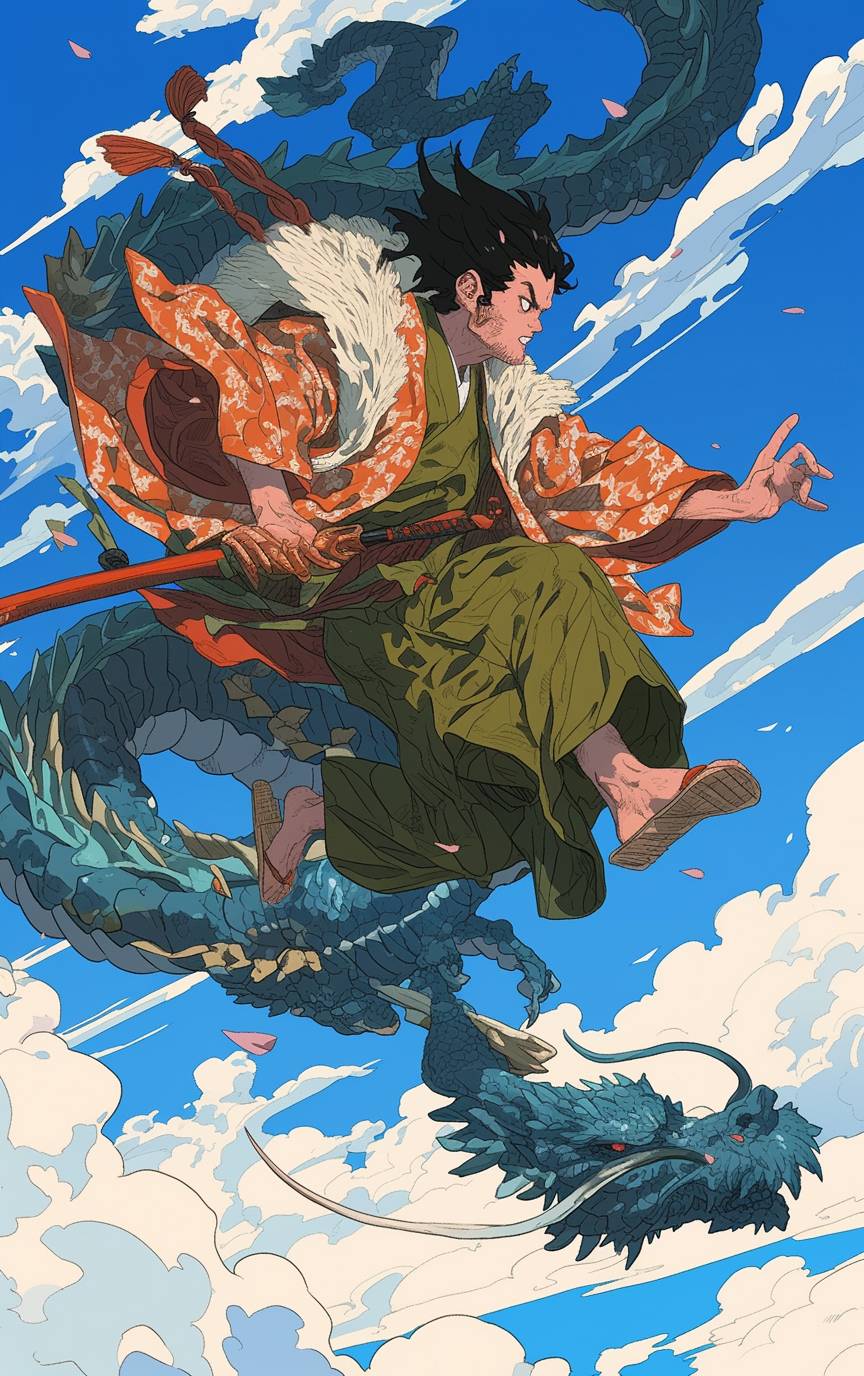 クリス·バーカード（Chris Burkard）のスタイルで、ドラゴンの着物を着た日本のスーパーヒーローが中空中にポーズをとっている。文化的な参照で、浮遊次元、アニメーションイラスト