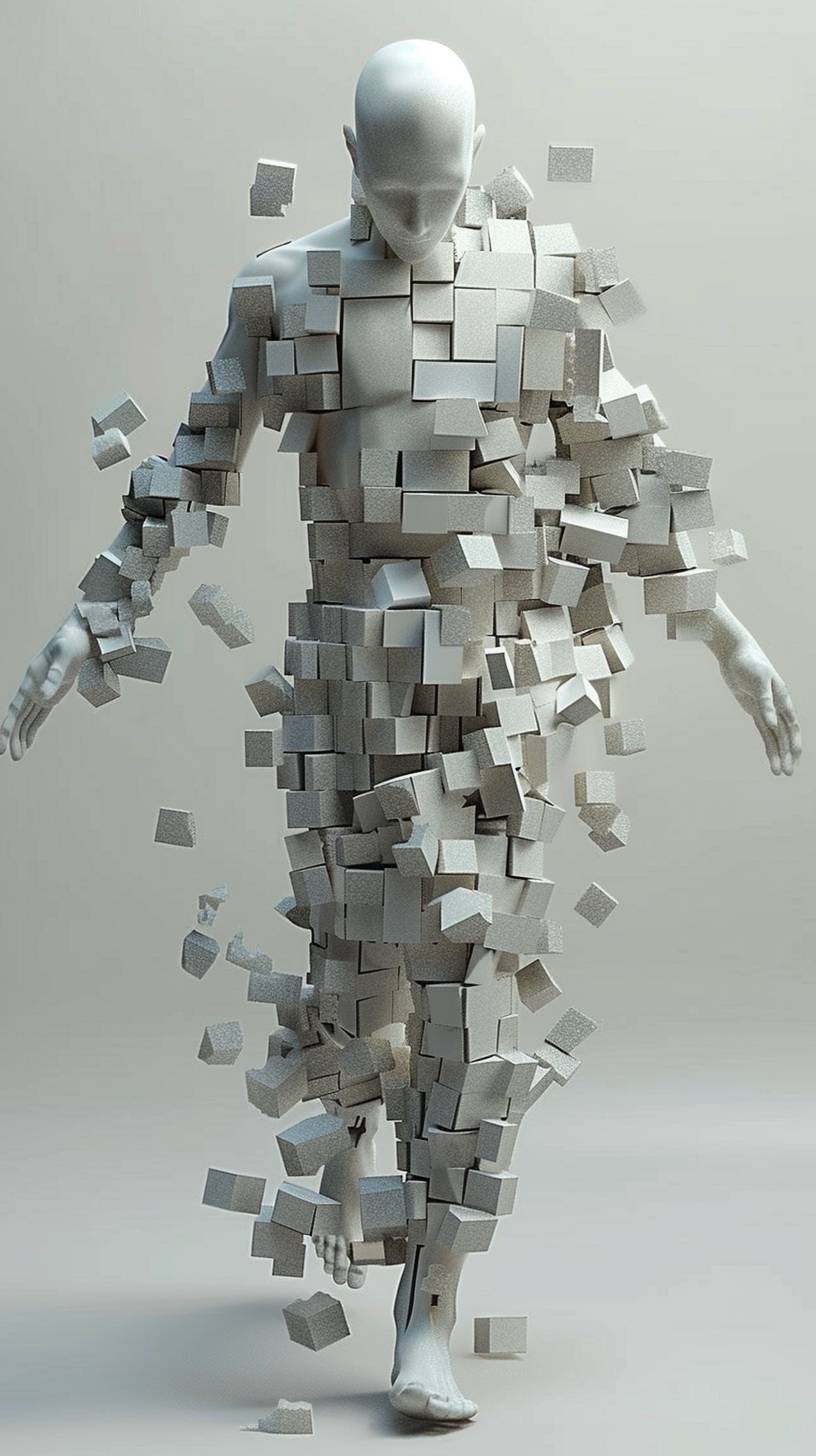 Create an image of a humanoid figure composed entirely of cubes in various sizes. The figure should appear as if constructed from these geometric shapes, with distinct cubes forming the head, torso, arms, and legs. The cubes vary in size to represent different body parts proportionately, creating a visually interesting and abstract representation of a human body. The composition should be clear, with a focus on how the blocks assemble to mimic human anatomy. The background should be neutral to emphasize the figure.