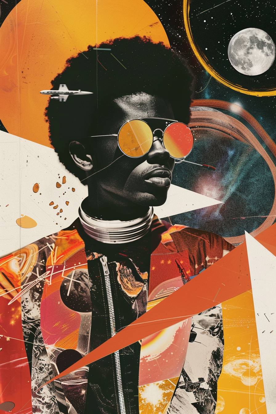 Afrofuturistic space pioneer. Magazine cover collage, bold graphic poster style