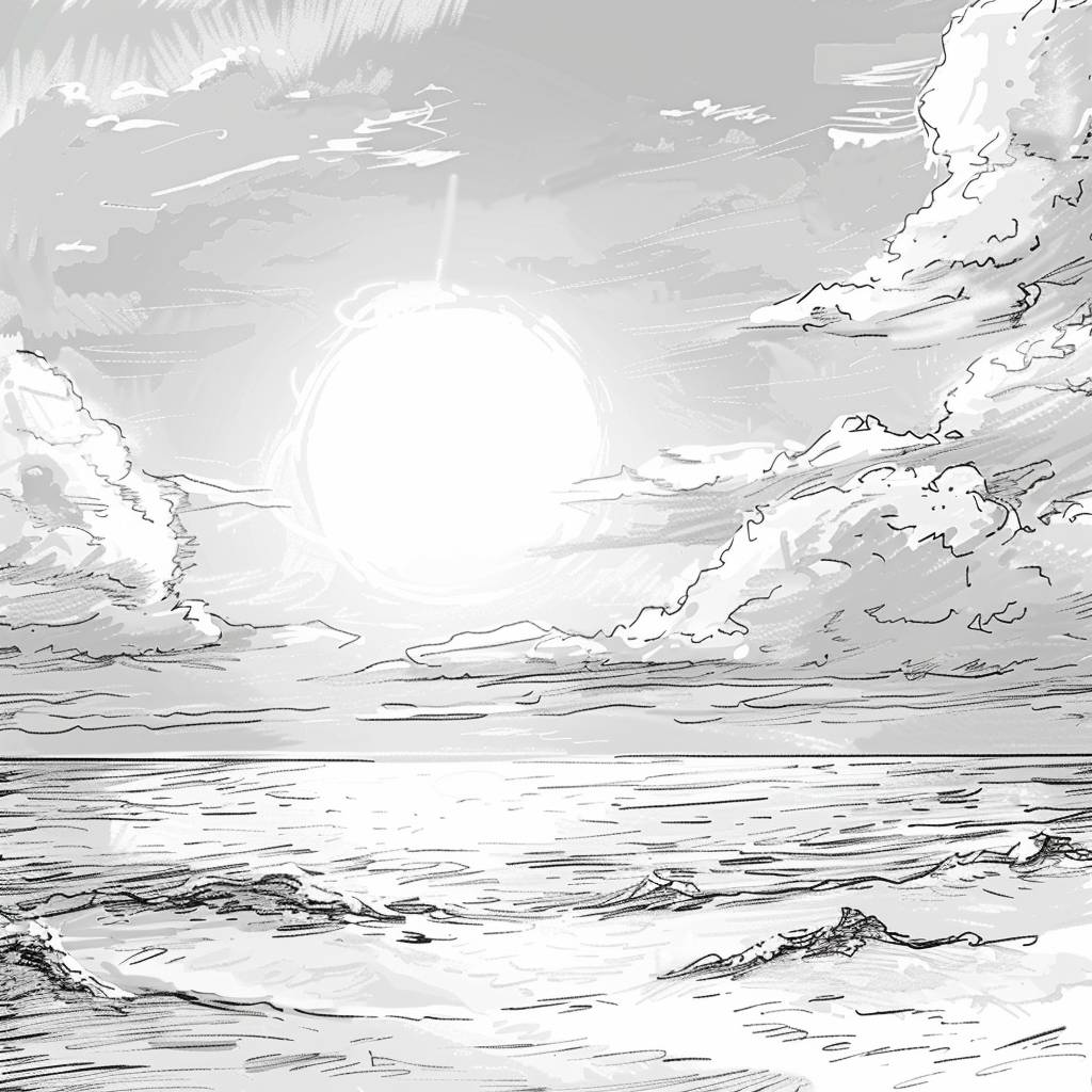 Manga sketch of a good morning sunrise beach in the style of Takashi Murakami, with rough brush strokes, hand drawn