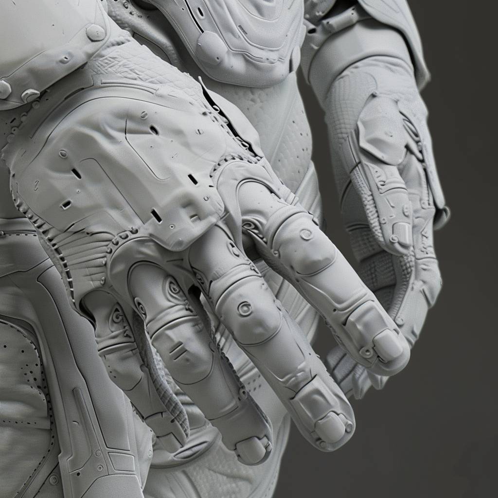 Digital Sculpture of Examine the ergonomic design features of spacesuit gloves, focusing on how engineers balance the need for dexterity and tactile feedback with the requirement for durability and protection against abrasive surfaces and sharp objects.