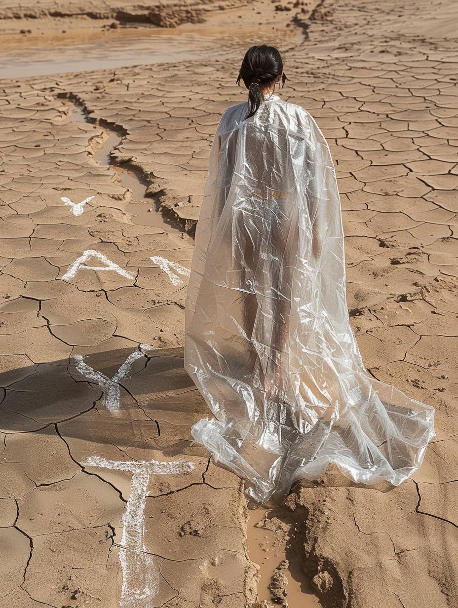 A woman dressed in frost-like gauze is walking in the hot desert. A close-up shot shows 'Y-Plan' written on the desert. There are traces of water on the ground she walked on. The details are clear and the depiction is realistic.