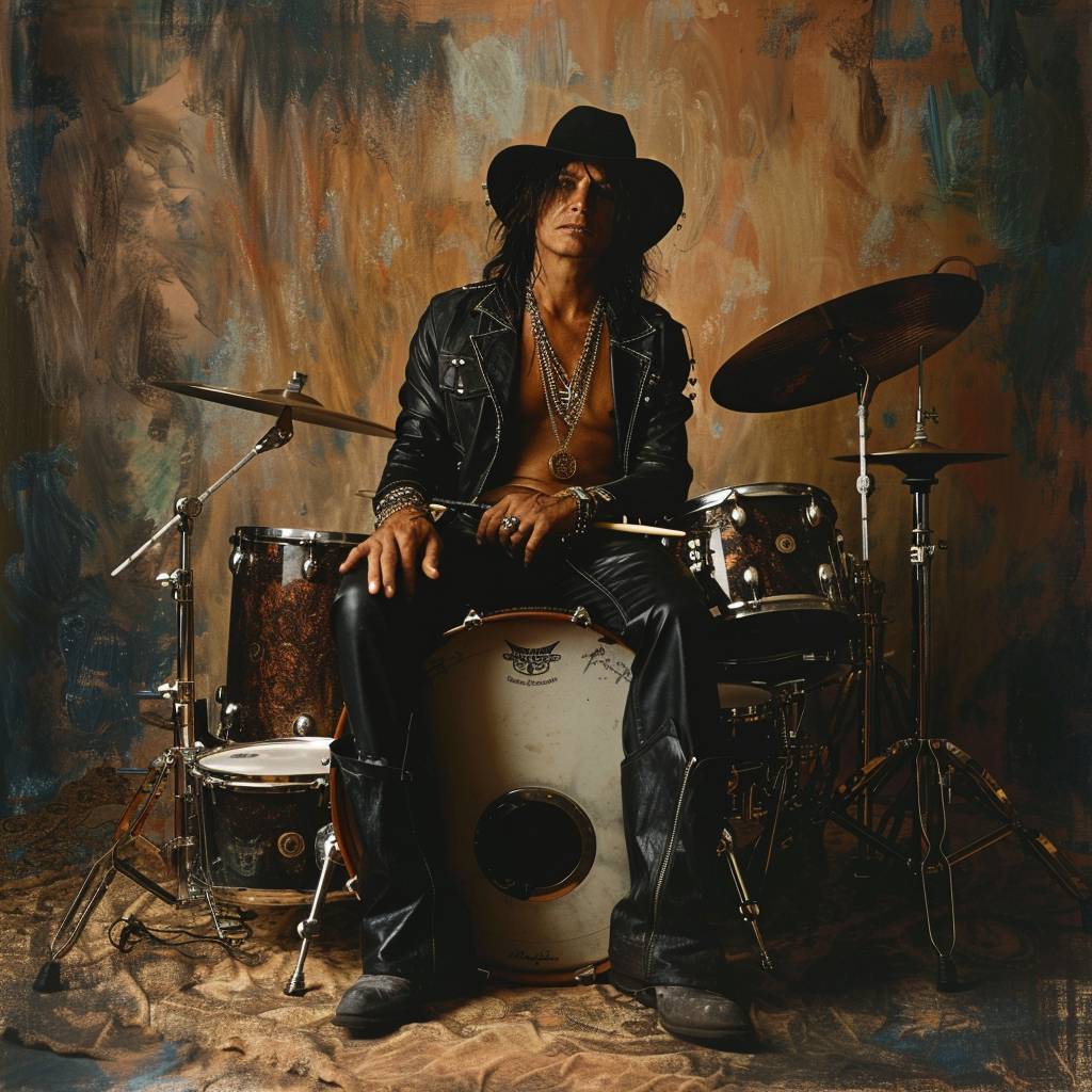 Full-body height portrait of famous rockstar sitting on stack of drums