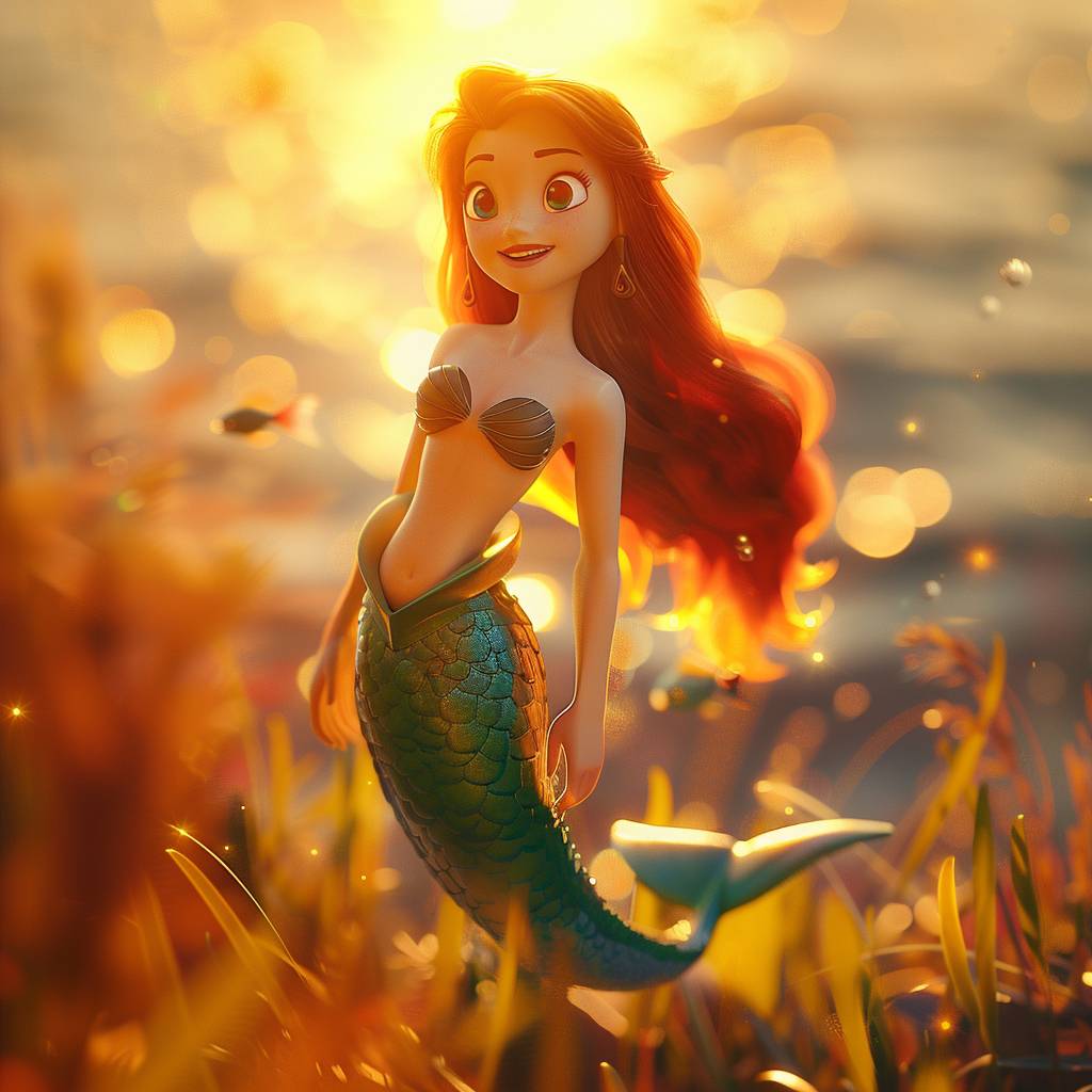 A cinematic still of a mermaid, 3D render neat and matte octane cartoon style, bright colors, soft shadows, and a warm atmosphere