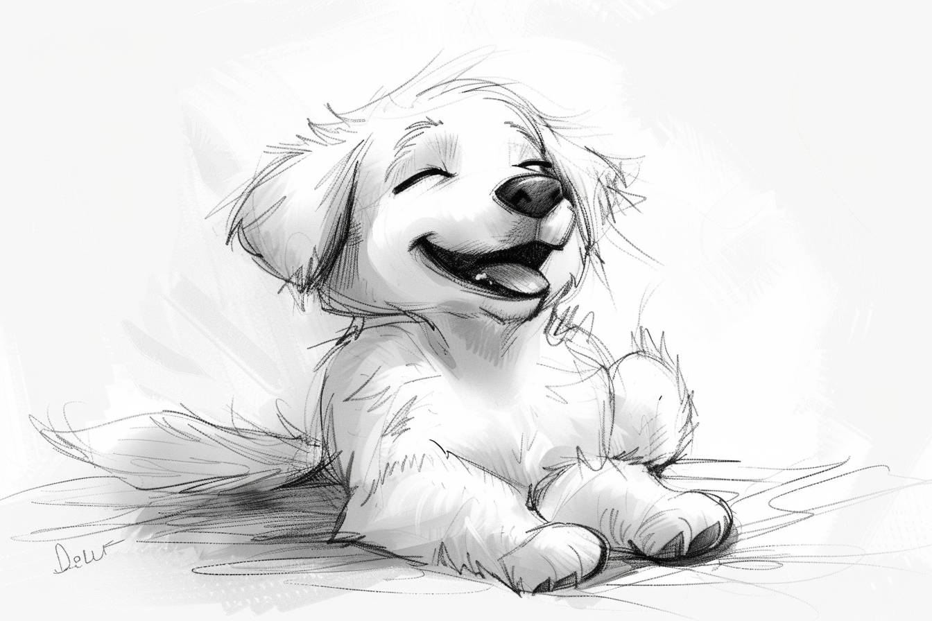 Cute dog, happy face expression, simple sketch-style, reminiscent of Jean Julien's style, cute limbs, black and white, basic clean lines, minimalistic