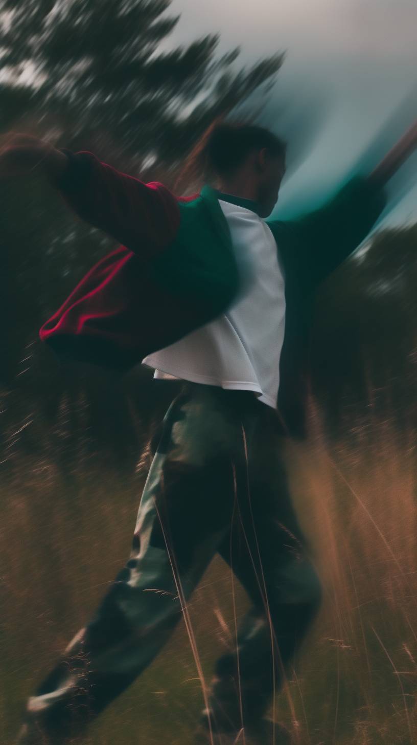 Close-up photo of a moving man in hip-hop style clothes, motion, fashion shot, abstract, minimalist, dark emerald, dark red, grass, classic colors, old photo noise