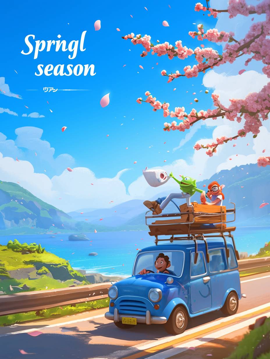 The cover of the Traveling season poster features a blue small car carrying. The title is 'Spring travel season', with a blue sky background and 3D rendering in the style of Pixar. It has bright colors, high saturation, full body portrait, exaggerated movements, and a lively atmosphere in the style of Pixar. --niji 6 --ar 3:4