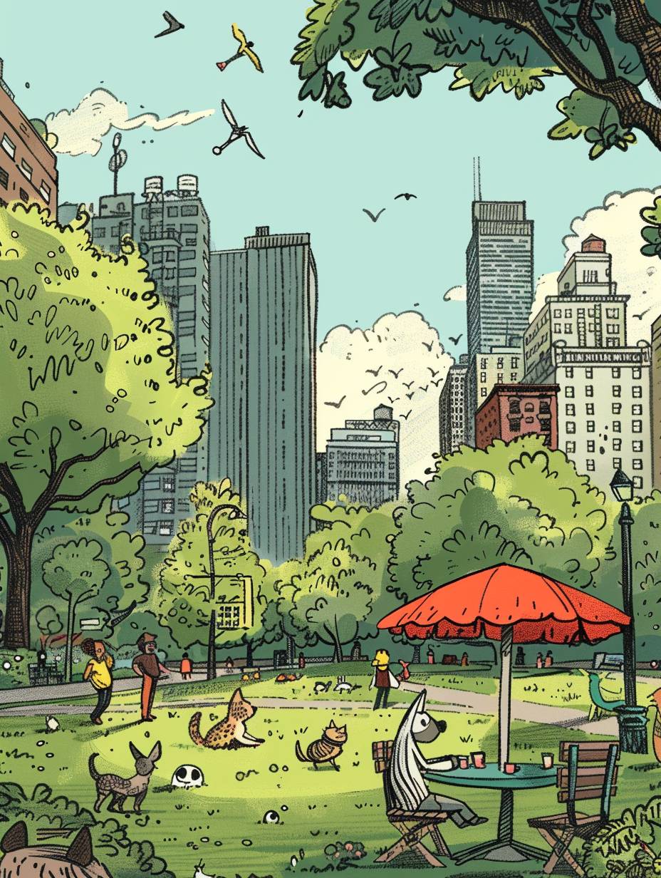 Comic strip scene of quirky animal characters enjoying a sunny day in a bustling city park. Showcasing Linlers' minimalist and expressive line work, with vivid urban background details.