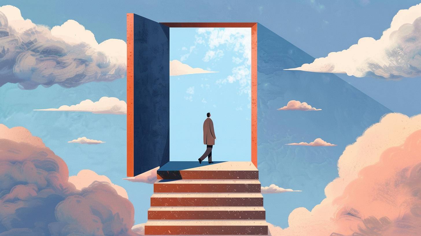 A person walking up the stairs of an open door leading to blue sky, symbolizing growth and new beginnings in life. The background is minimalistic with clouds, creating a serene atmosphere. The colors used for illustration include shades of gray, beige, brown, light pink, white, greyblue, navy blue, and orange accents. It has flat design elements and geometric shapes, giving it a modern feel, (openai style)