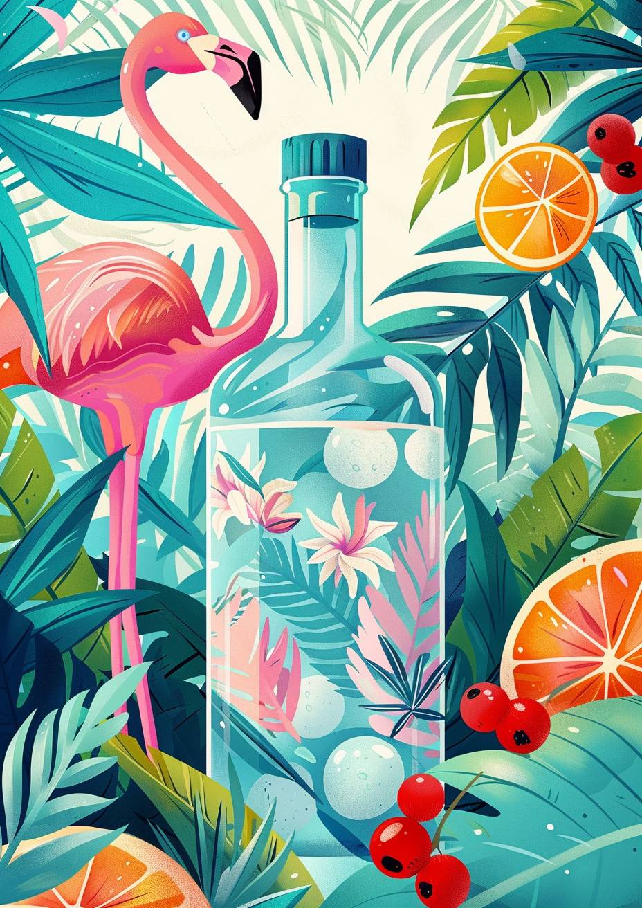 Illustrative artwork for a label for a brand of gin made from sea glasswort. Thistle, flamingo, dormhouse on a leaf, berry. Colourful and playful in the illustrative style of Victo Ngai. Hyperealistic product shot. Off-white studio background.