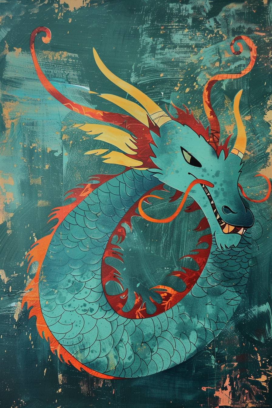 Dragon in Naive Art style, featuring teal and crimson childlike simplicity