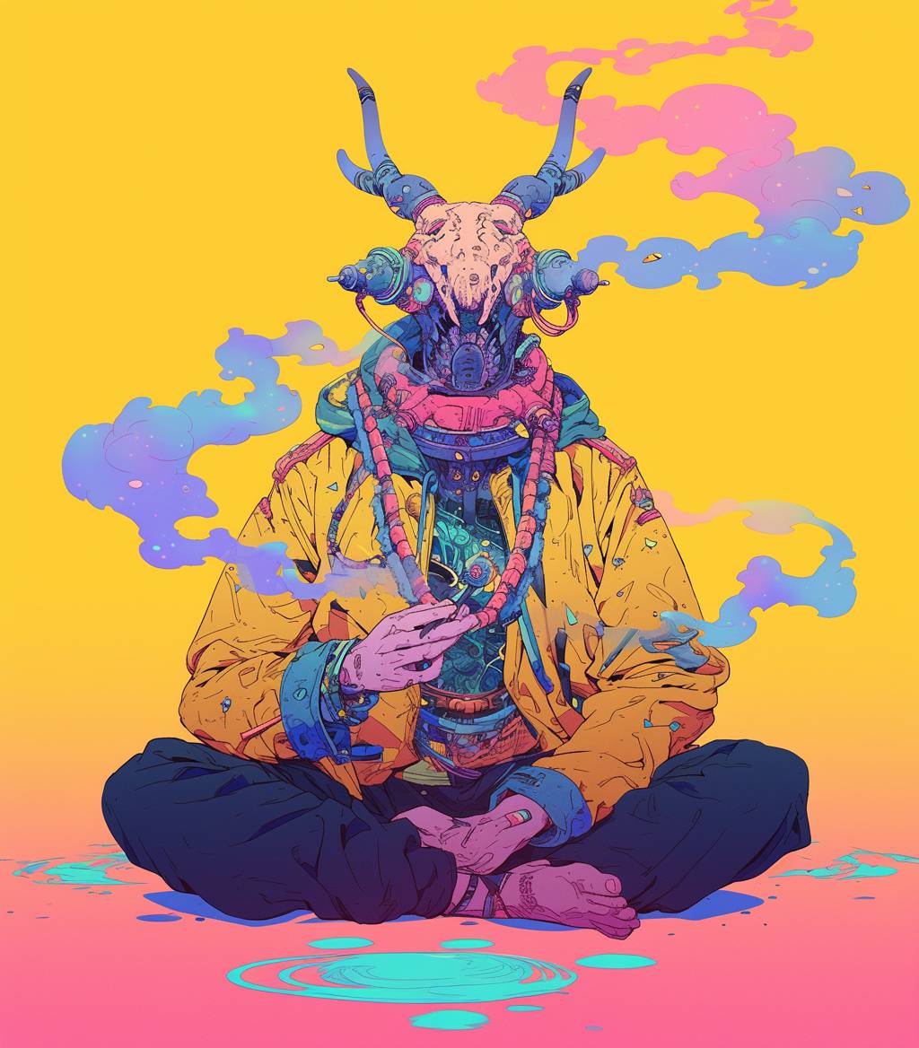 Illustration of a psychedelic, trippy cyberpunk shaman from another world, practicing a spell, volumetric colors, warm pastel colors, clean lines, Moebius style