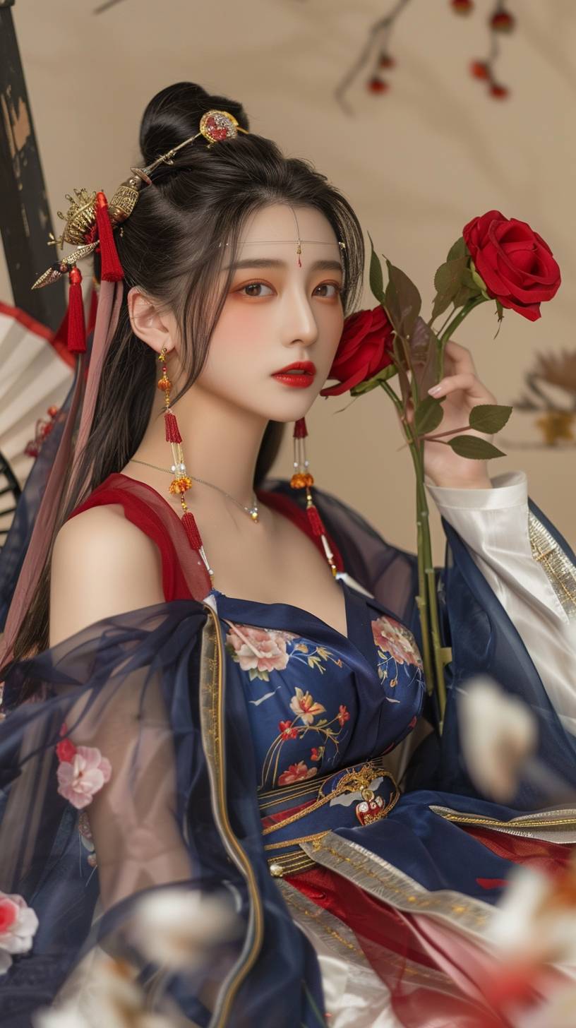 A close-up of an elegant beautiful girl holding red roses, wearing exquisite traditional attire with blue gauze fabric embroidered on the edge of a white cloth background, dynamic photography, long black hair draped over shoulders, red lips, smile, side view, a pink fan-shaped pattern scarf hanging around her neck, surrounded by flowers, a light orange color tone, Canon 85mm lens, light gesture