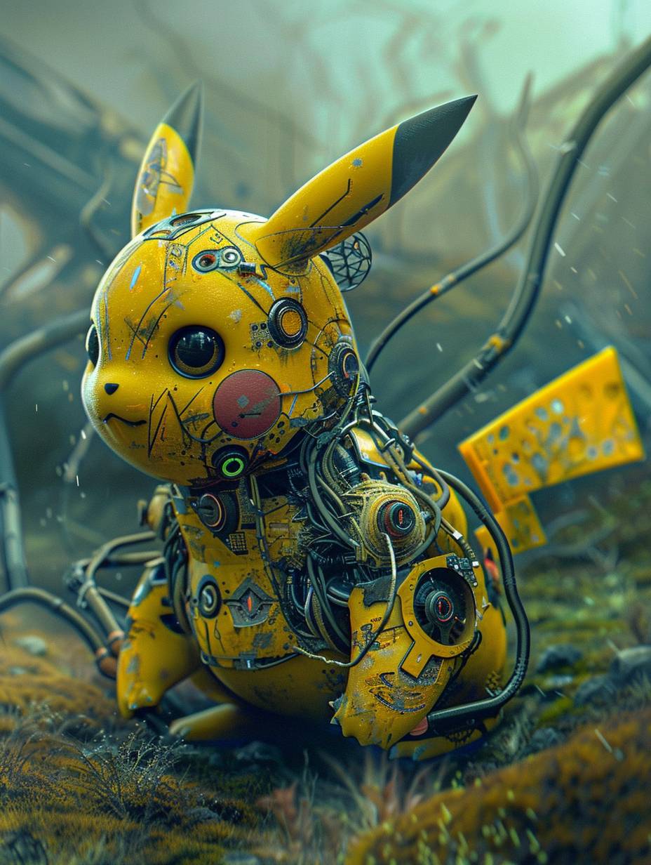 Pikachu, cybernetic organisms, hybrid-tech, hyper-realistic details, mechanical integration, biological elements, artificial augmentation, bioengineering, machine-fusion