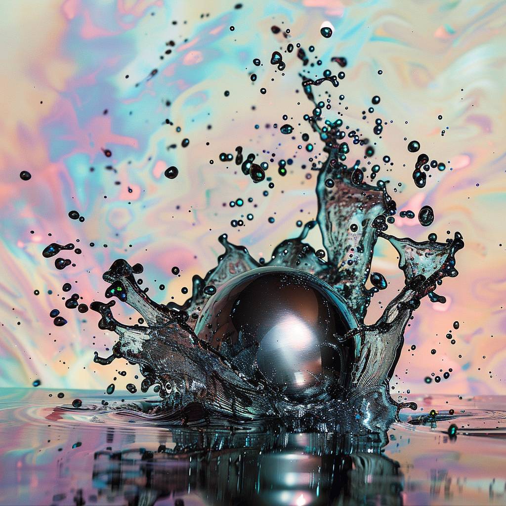 High-energy kinetic photograph depicting silver ball flying through splashing iridescent ferrofluid