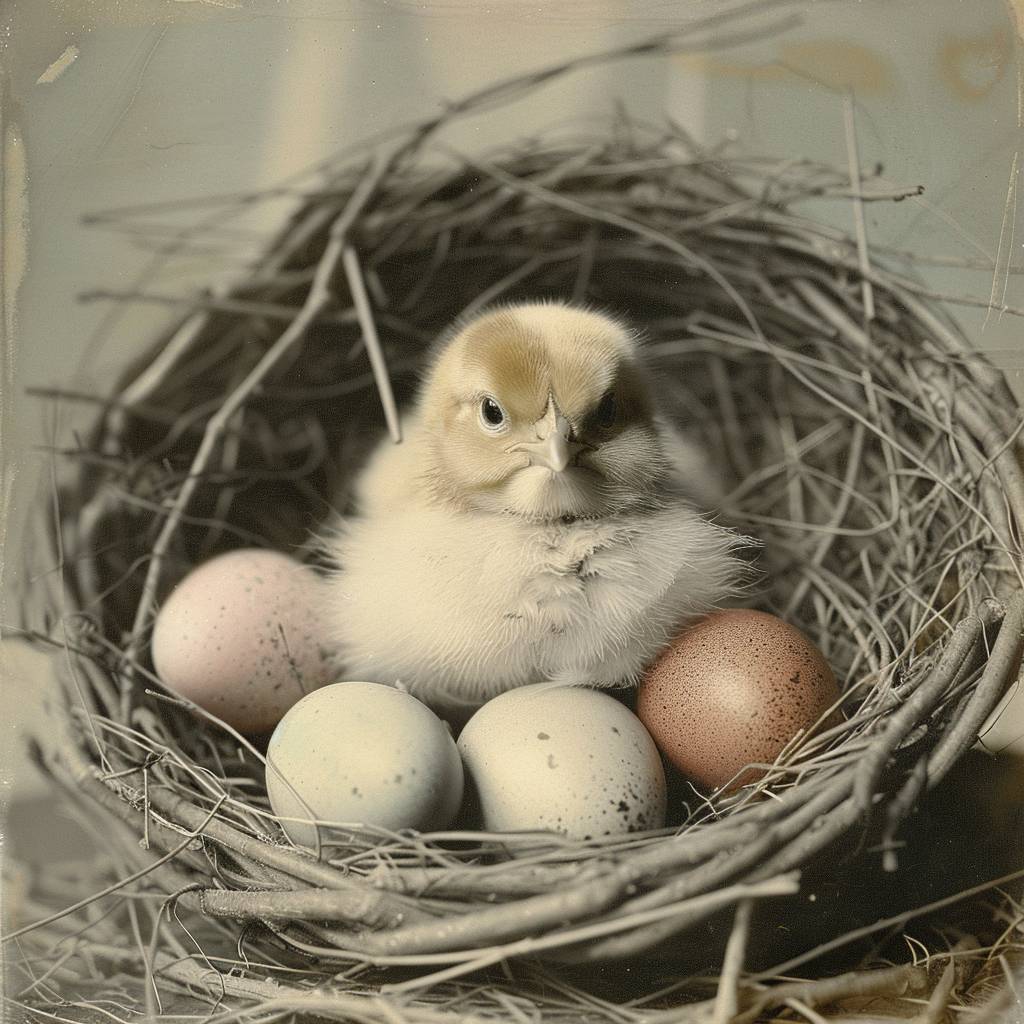Hand-colored photograph of cute nestling in egg basket