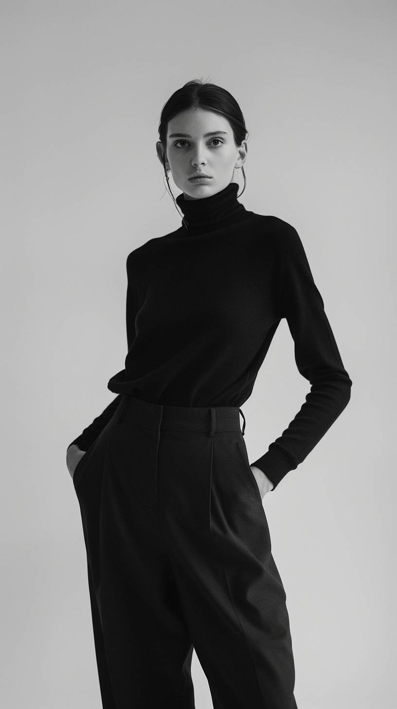 モデルは、スリムな黒のタートルネックとハイウエストのズボンで構成されたミニマリストの服装を着用し、白い背景に対してポジショニングされています。