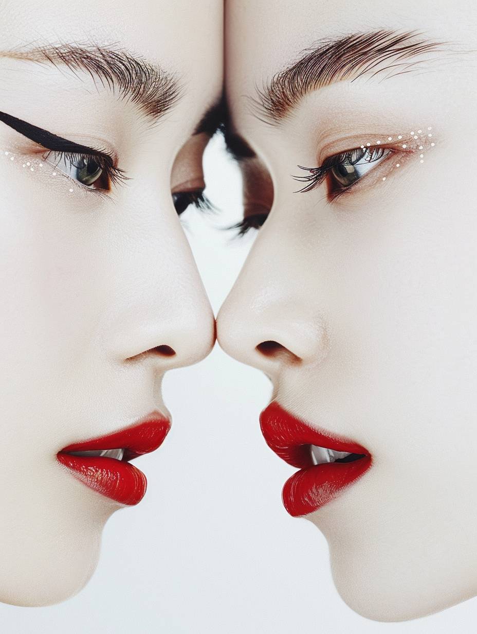 Elegant Shanghai twin women, beautiful eyes, long eyelashes, red lips, random shots, smooth lines, pure white background, minimalist, ethereal Zen, high definition.