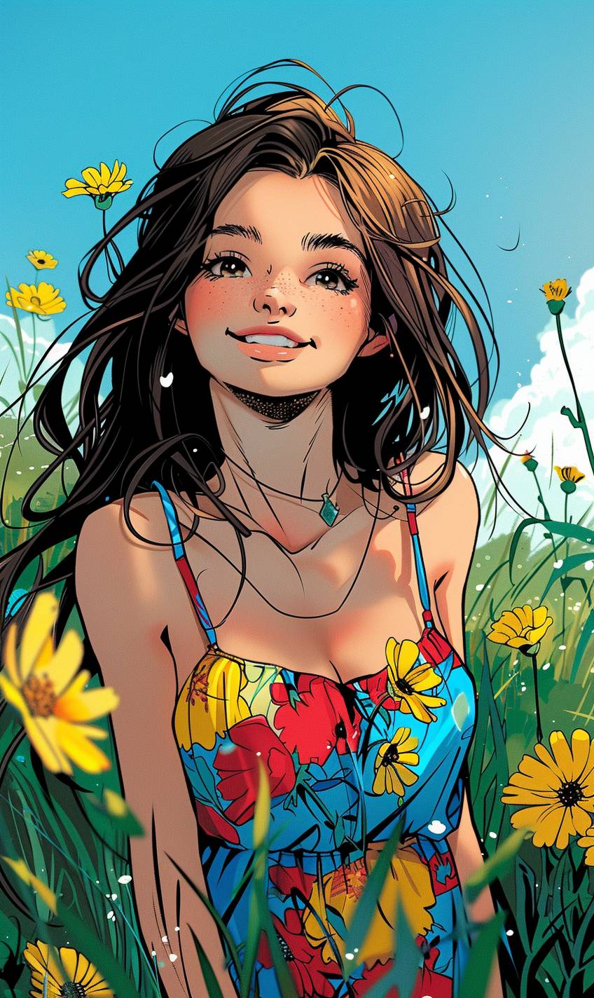 A girl with long brown hair and a bright smile, wearing a colorful dress, stands in a lush green meadow with wildflowers blooming around her. The sun is setting, casting a warm glow over the scene. The style is whimsical and vibrant, with lively colors and playful details. The overall mood is joyful and carefree, capturing the innocence and beauty of youth.