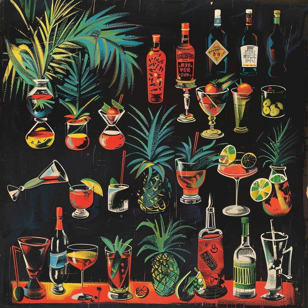 Full-page from Scandinavian bar menu illustrated by Pablo Picasso. List of cocktails with ingredients details and prices.